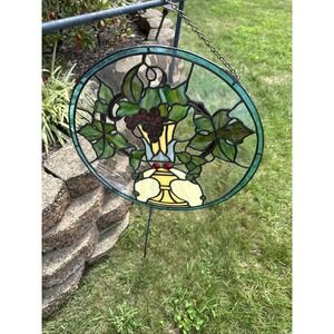 Vintage Leaded Stained Glass Window Hanging Made‎ Pedestal With Fruit